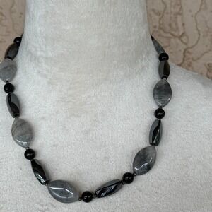 Donna Dressler Stones Black Grey Quartz Beads Sterling Silver Toggle Necklace 20